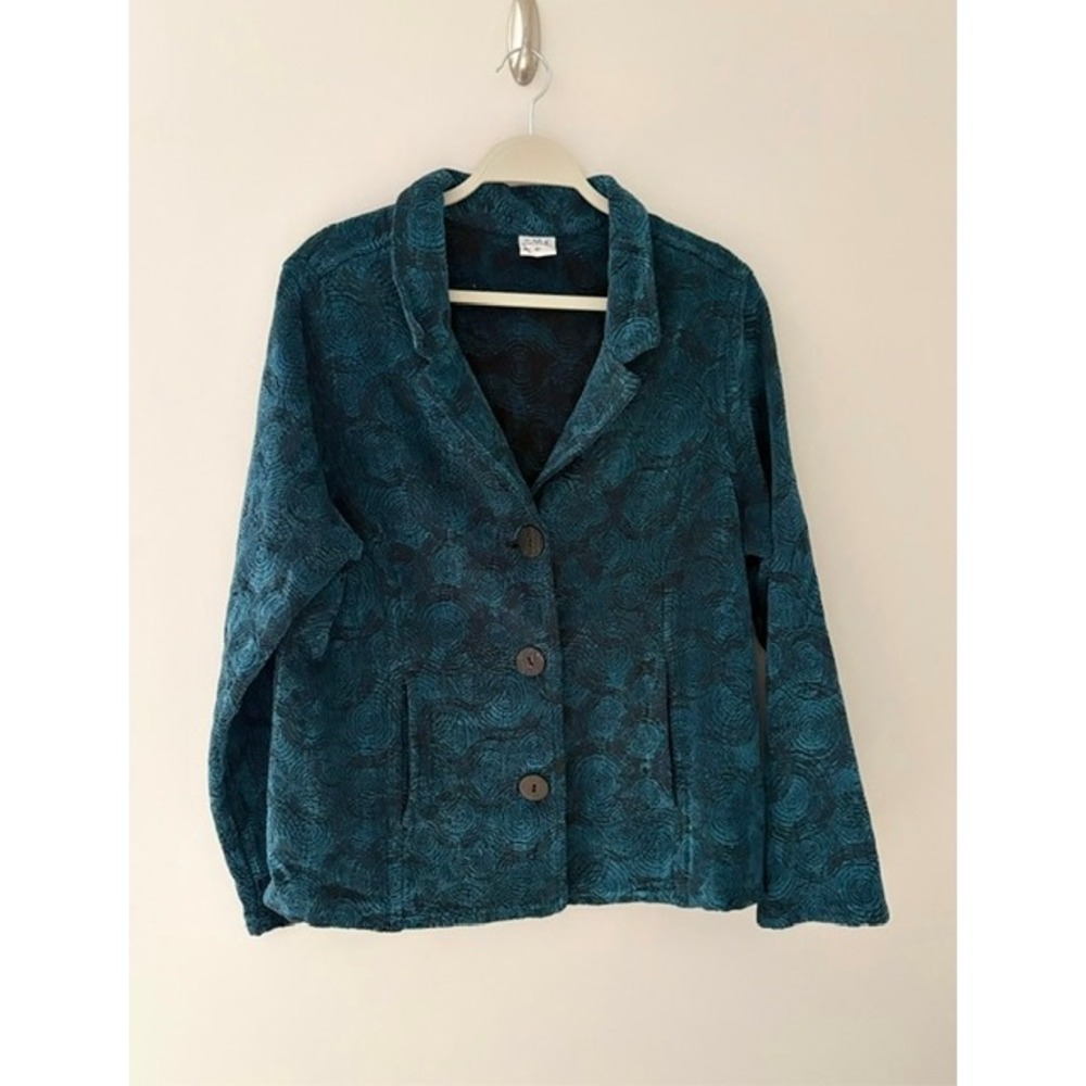 VTG CMC Color Me Cotton Teal Textured Jacquard‎ Blazer Jacket Large Made in USA